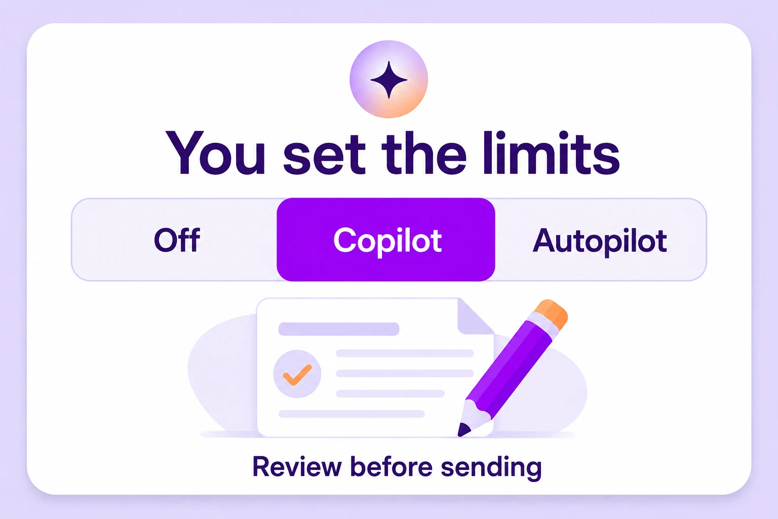 Illustration of an AI mode switch with Off, Copilot, and Autopilot options and Copilot selected.
