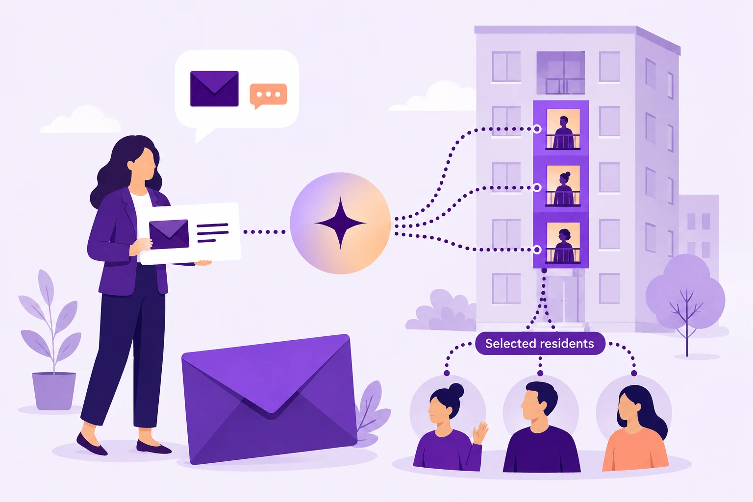 Illustration of a manager sending a message to selected floors in a residential tower.