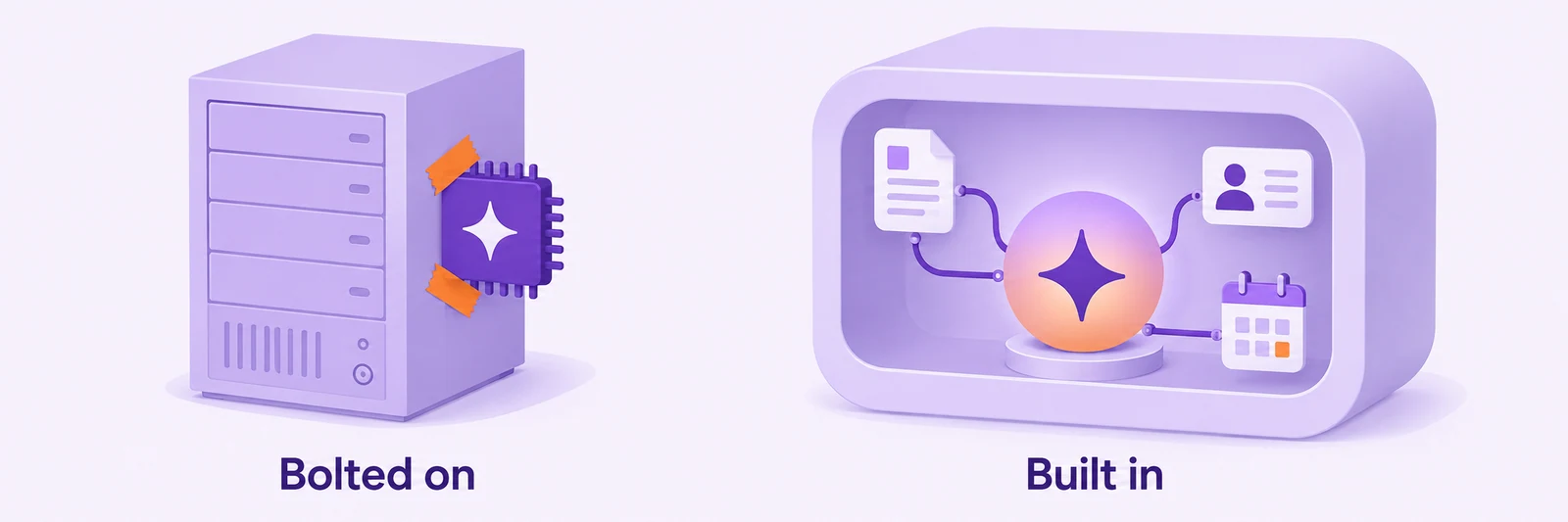 Illustration comparing an AI chip attached outside an older server with an AI core built into a connected operations platform