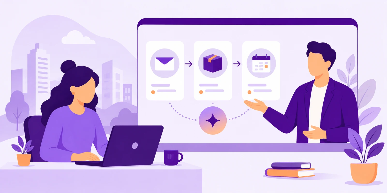 Conceptual illustration of a community manager and host discussing TapHero during a video demo.