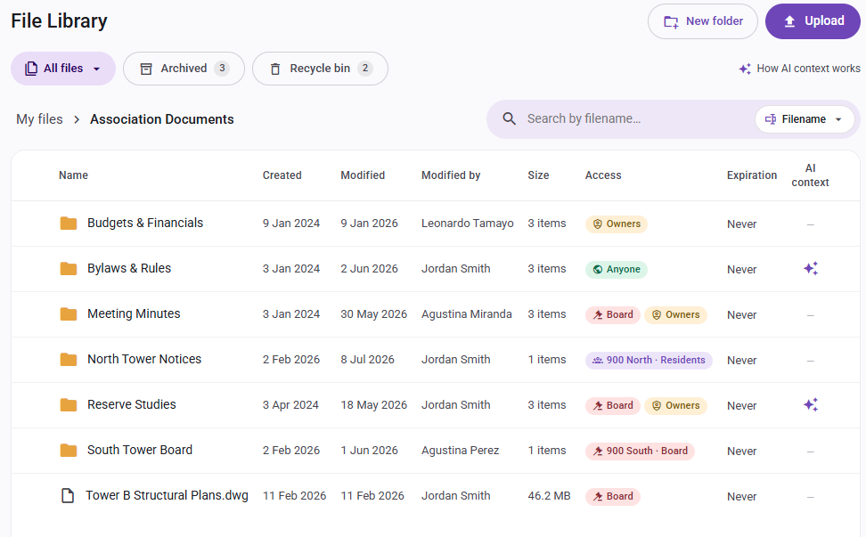 TapHero File Library showing association folders, document search and audience access settings