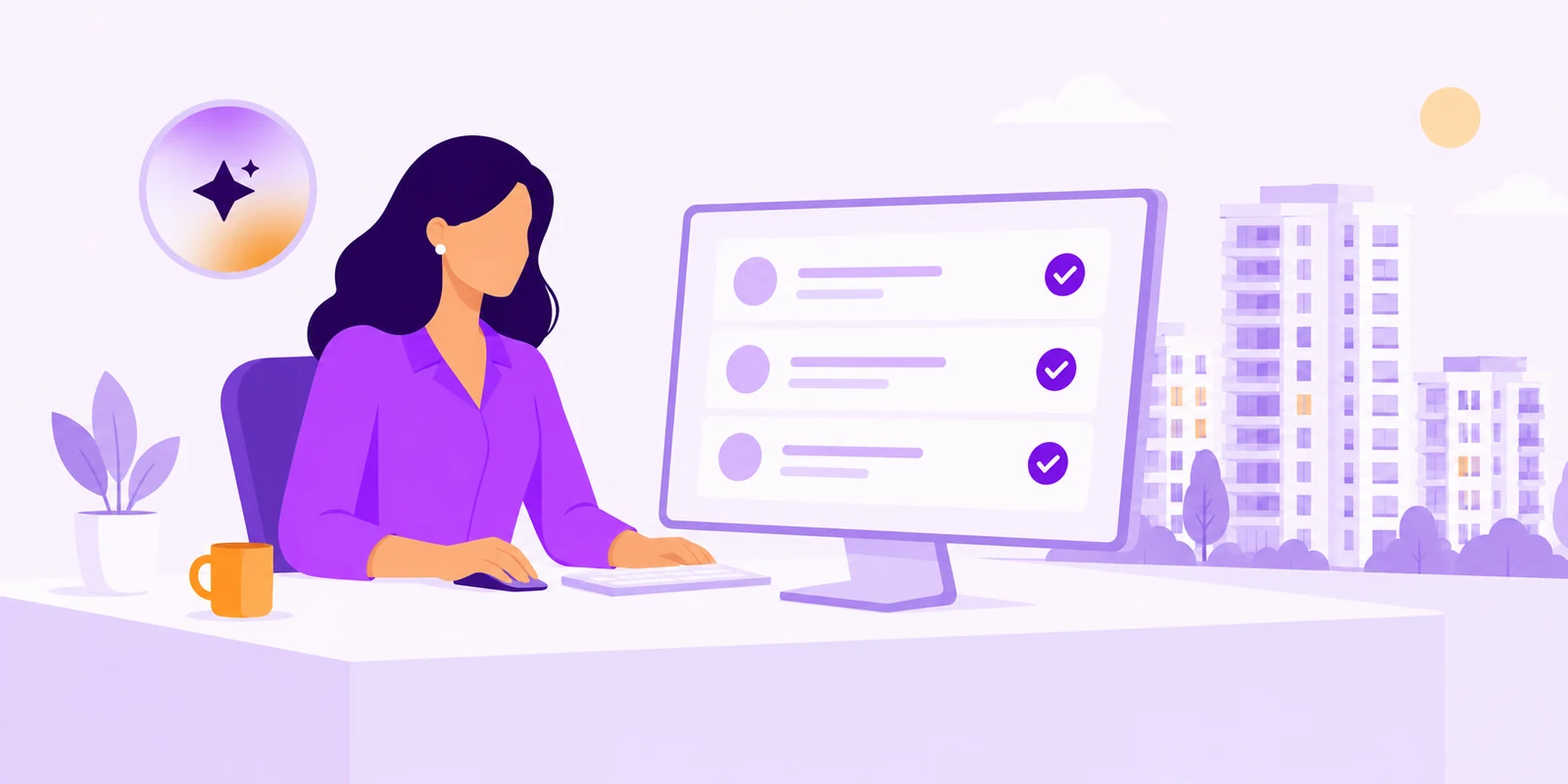 Illustration of a regional property manager reviewing a calm community dashboard with the TapHero AI assistant