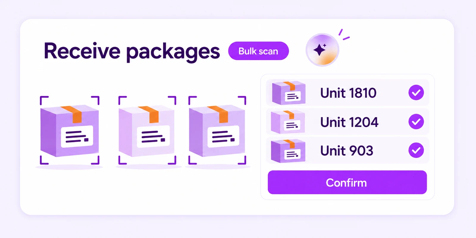 Illustrated bulk scan review showing package labels matched to units and ready to confirm.