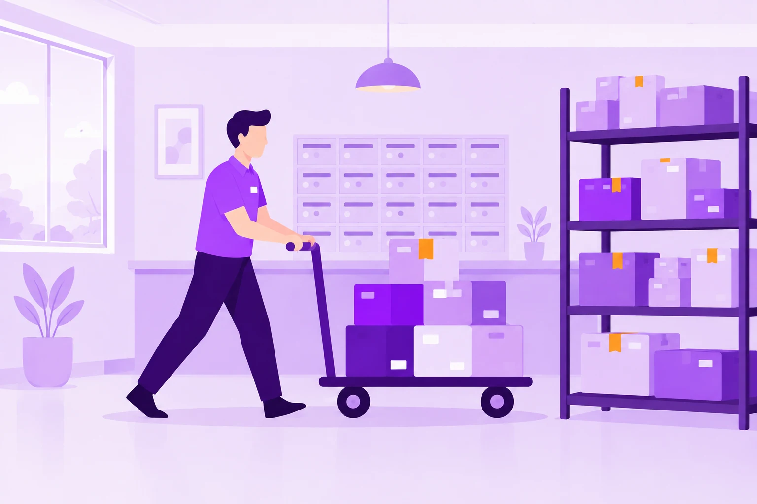 Illustration of a porter guiding a loaded package cart through an organized condo mailroom.
