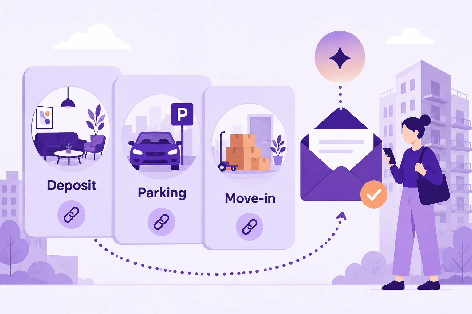 Illustration of payment links for deposits, parking, and move-ins being sent to a resident.