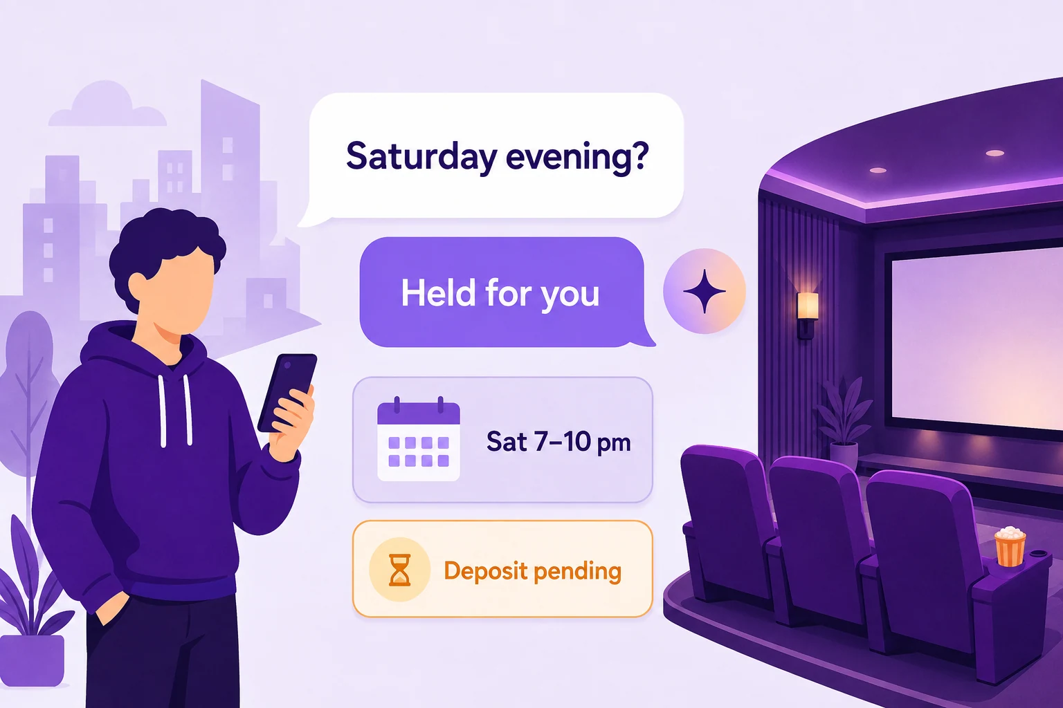 Illustration of a resident arranging a theater-room reservation by message, with a deposit still pending.