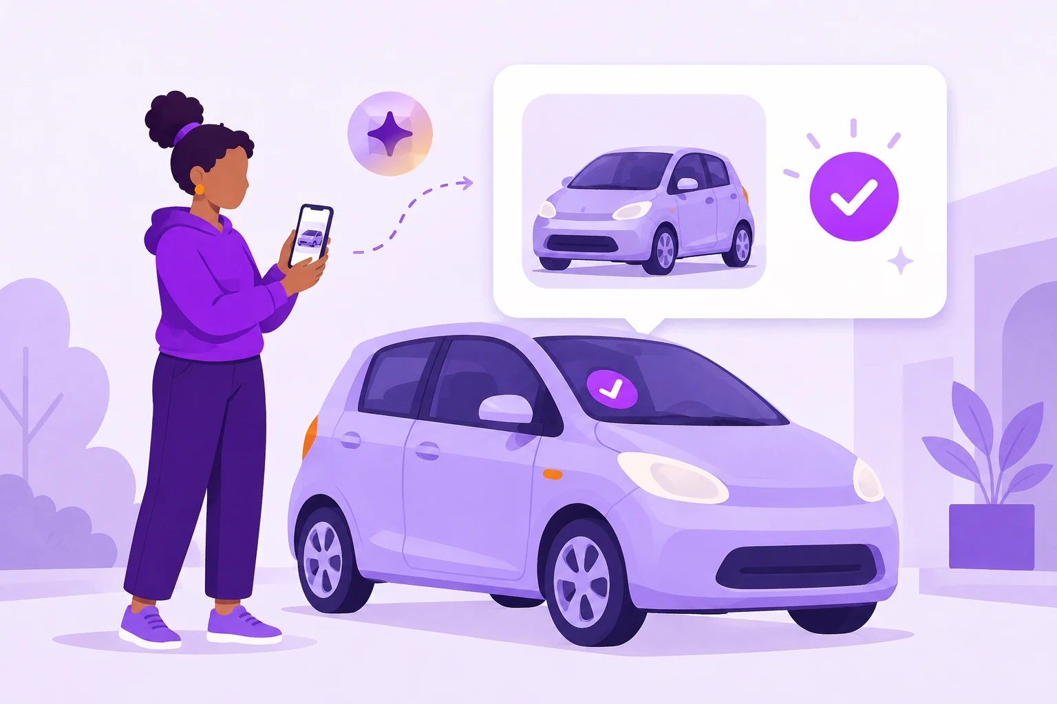 Illustration of a resident sending a car image by text and receiving vehicle registration confirmation.