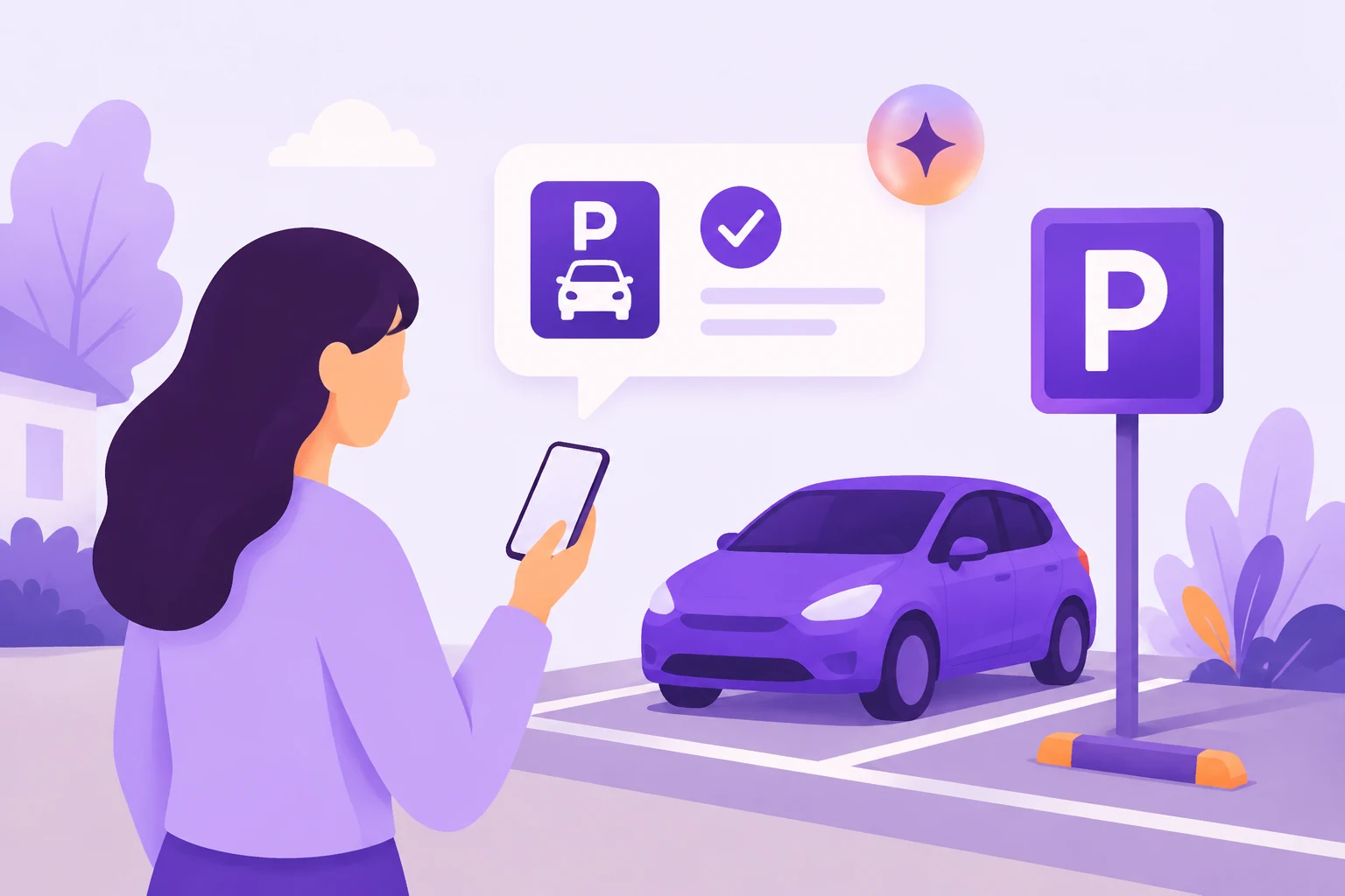 Illustration of a resident receiving a clear guest-parking answer on their phone.