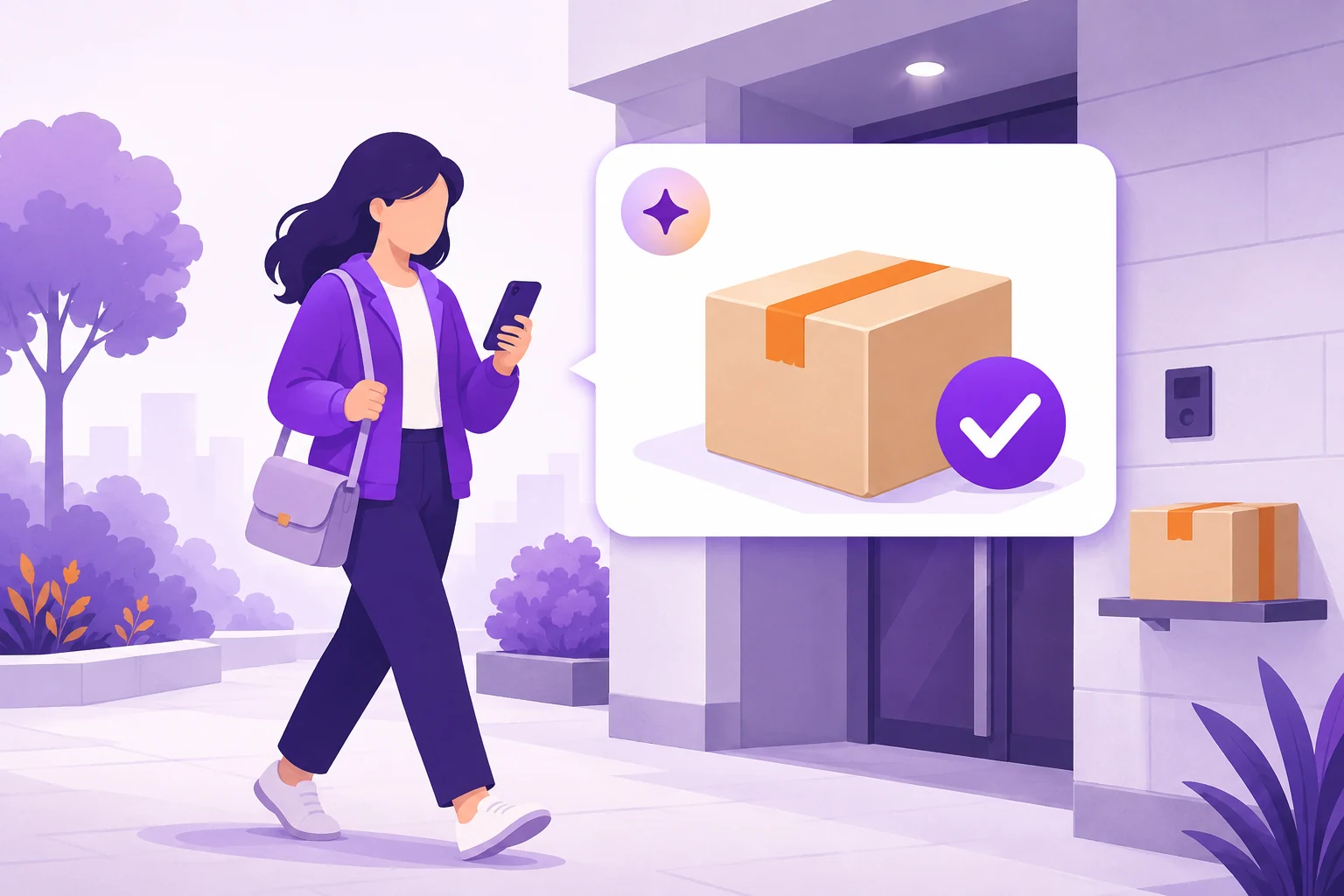 Illustration of a resident receiving a package notification while walking home.