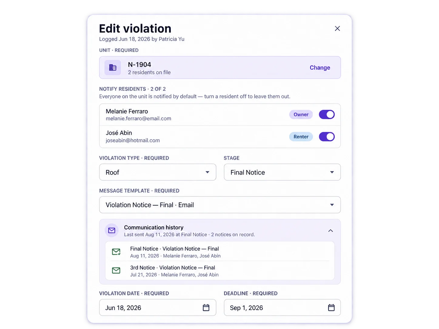 Edit Violation Dashboard Modal
