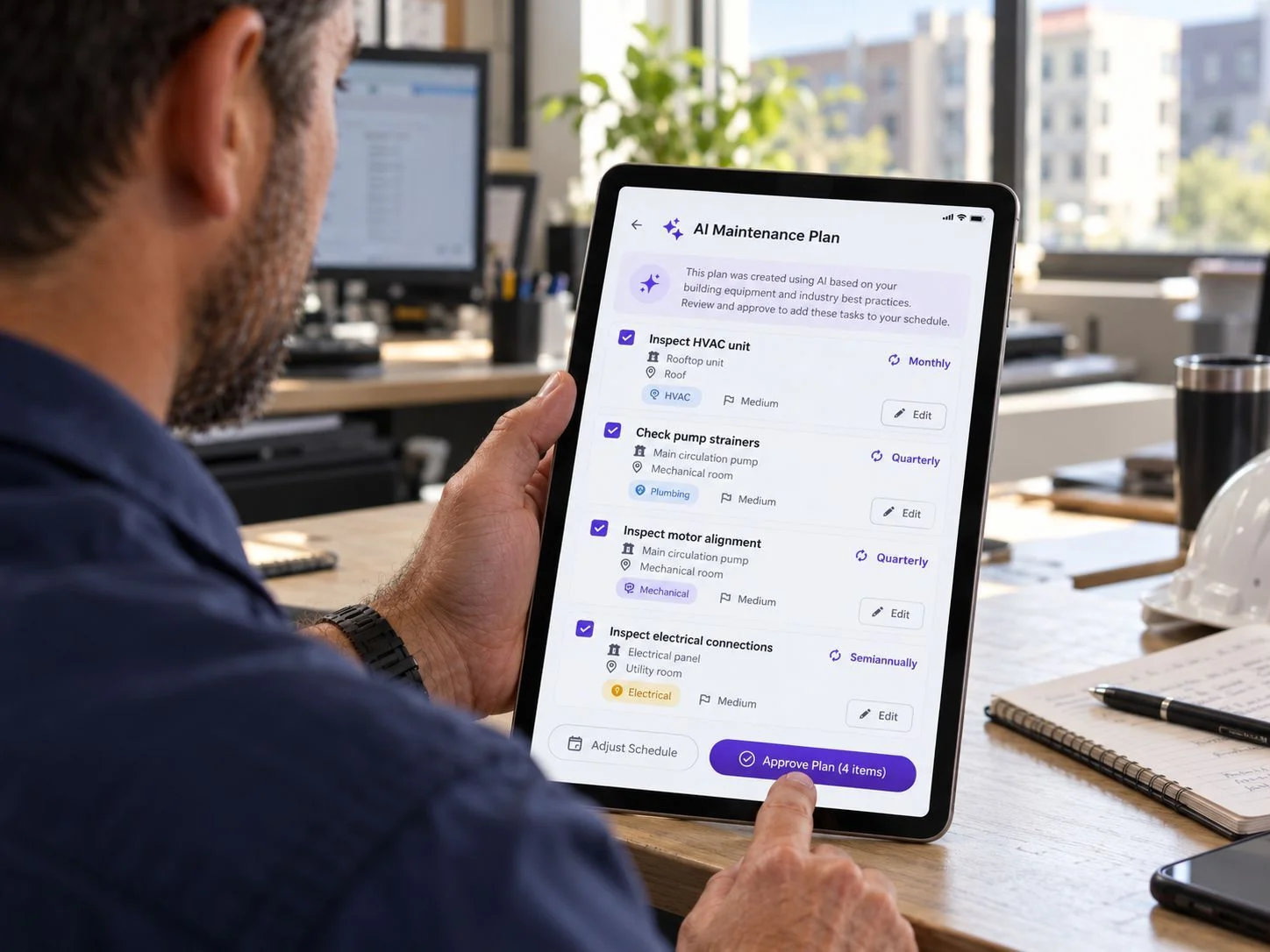 Property management professional reviewing a TapHero AI maintenance plan on a tablet before approving recommended maintenance tasks.