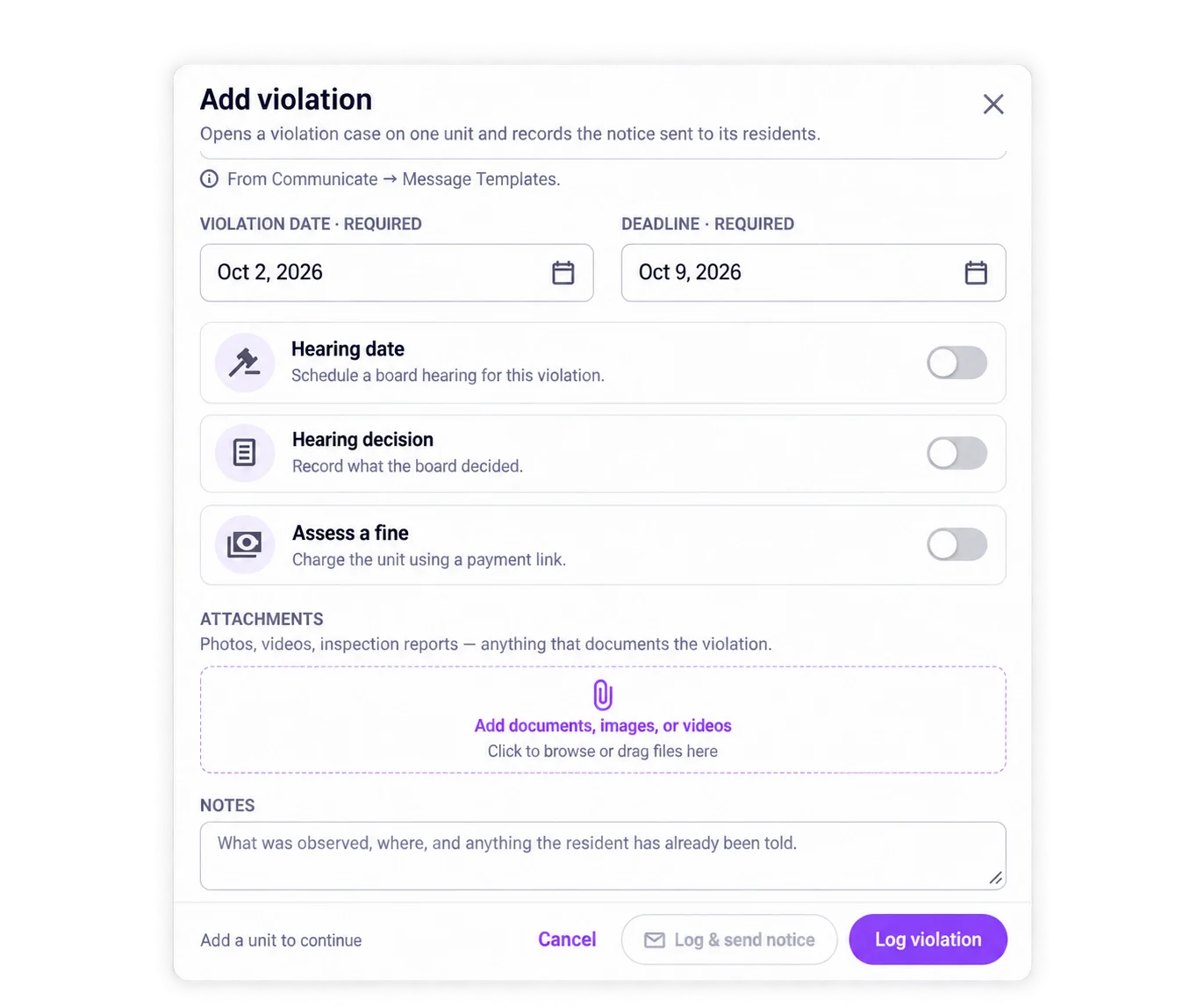 Add Violation UI Modal