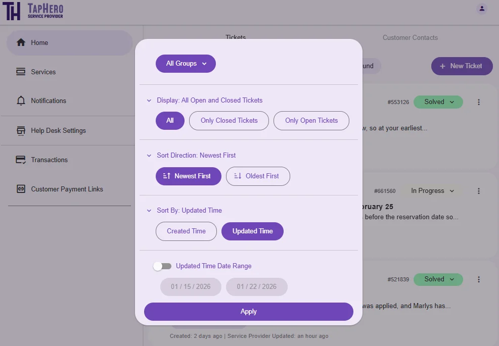 Processing a ticket in TapHero