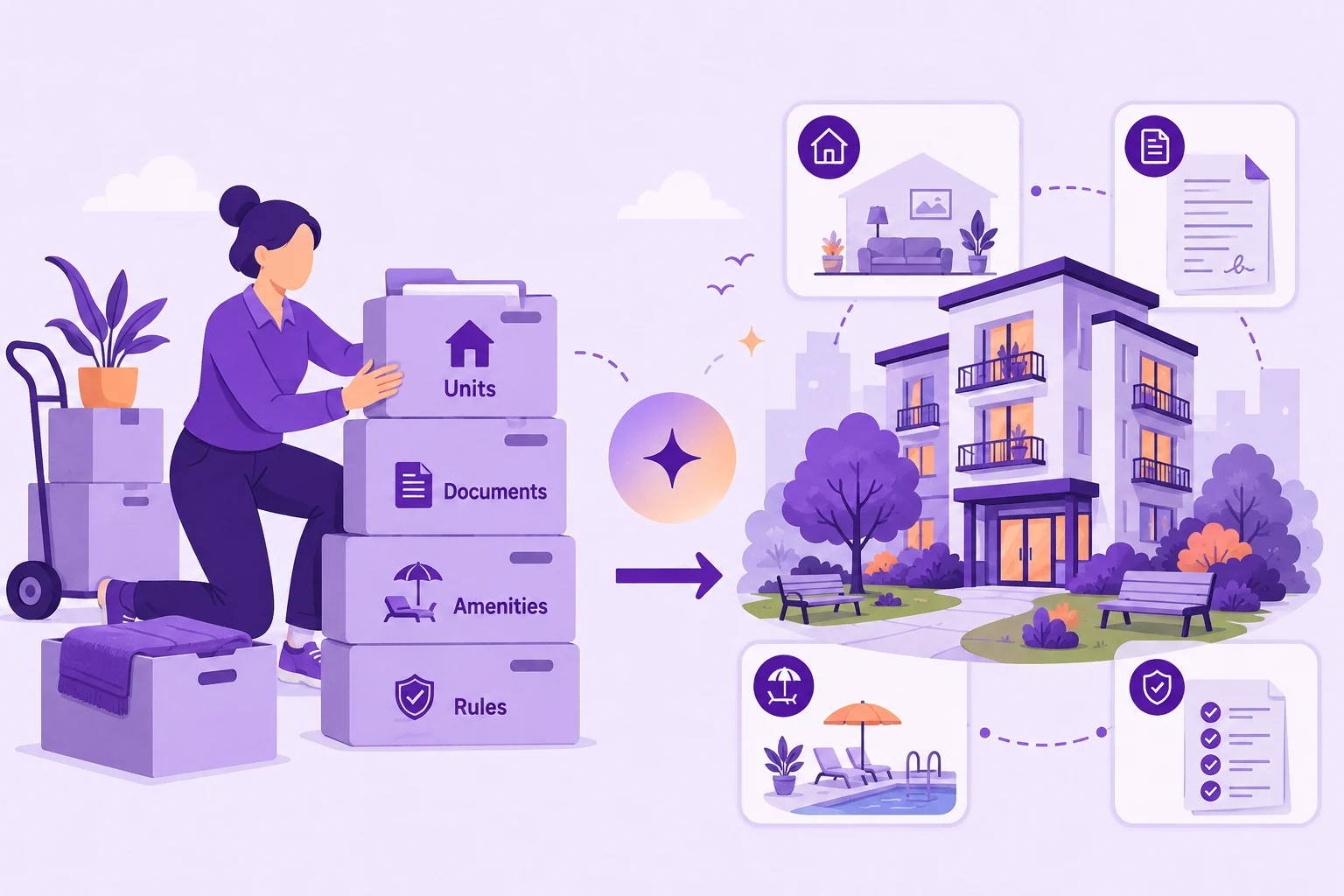 Illustration of guided migration of units, documents, amenities, and rules into TapHero.