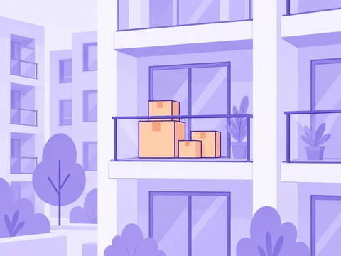 Illustration of boxes stacked on a condo balcony, viewed from across the courtyard.
